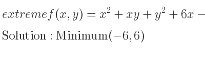 The extreme f(x,y)=x^2+xy+y^2+6x-6y+3 is Minimum(-6,6)